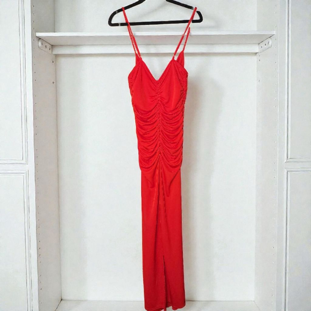 SAGE THE LABEL Red Cowl Neck Ruched Maxi Evening Gown Dress - Picture 6 of 8
